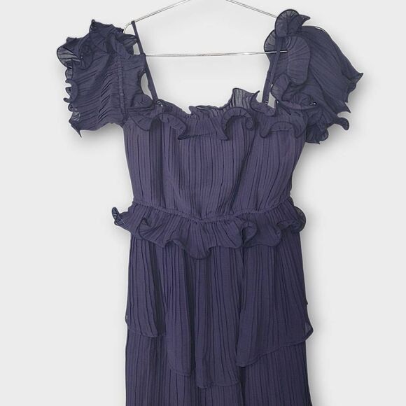 Just Me Womens Maxi Sz M Navy Off-Shoulder Ruffle Tiered Dress Gown Wedding Prom - Picture 10 of 16